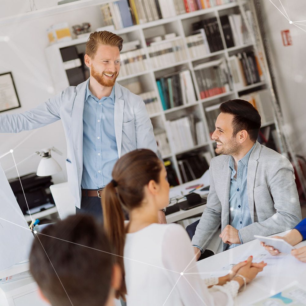 Business colleagues working in office Happy business colleagues working in company office
